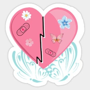 broken heart healing with daisies, flowers and band-aids Sticker